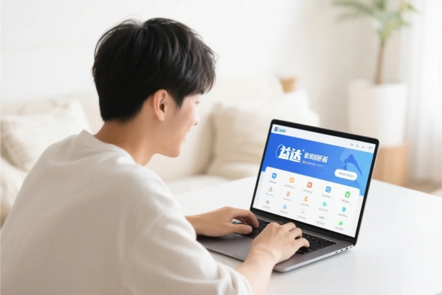 一位年轻用户在明亮舒适的室内环境中愉快地使用笔记本电脑，屏幕上展示星亿客户端新版界面